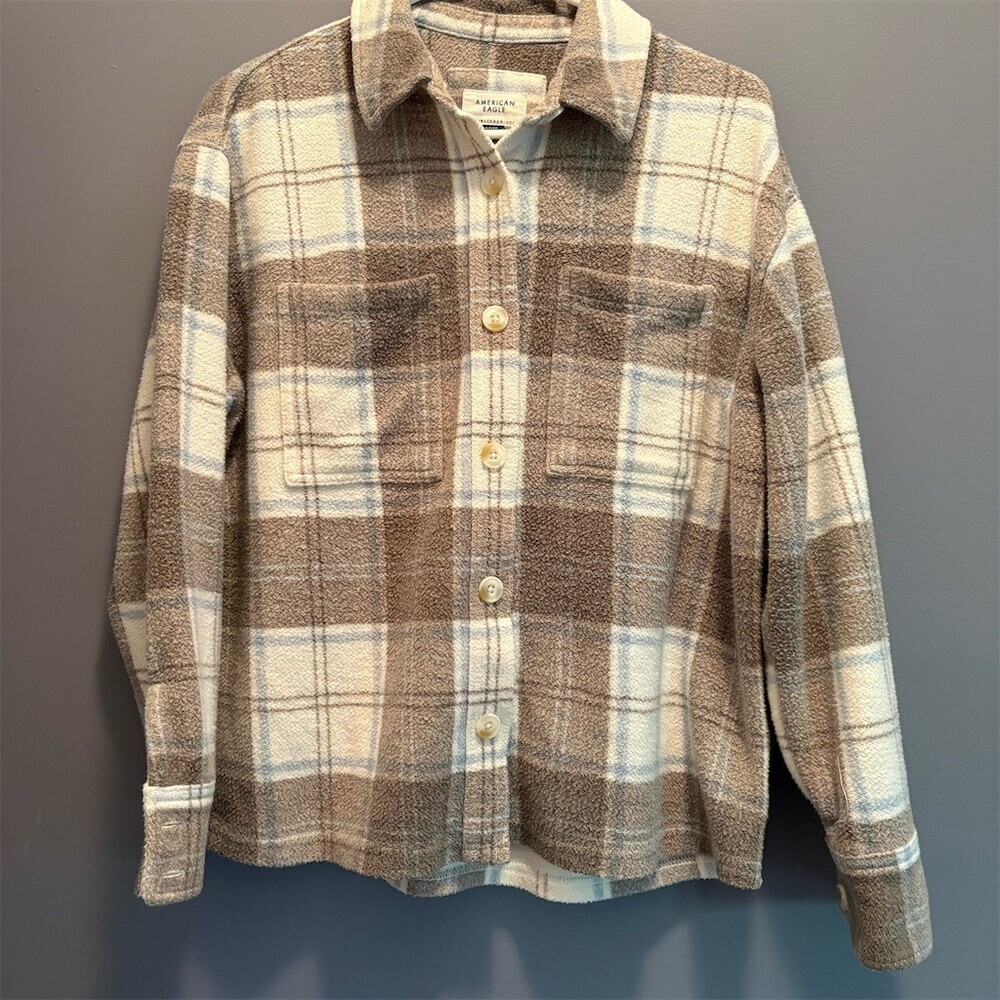 American Eagle Shacket Womens Size S Plaid Oversized Button Front Tan